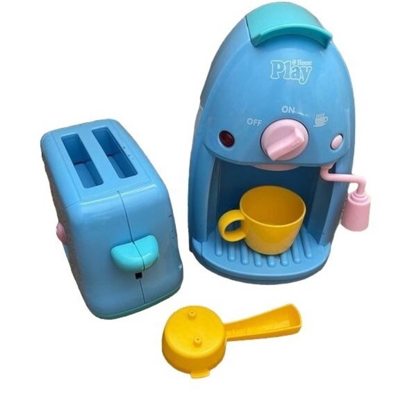 Play at Home Coffee Maker Toaster Blue Plastic Set Frother Cup Kitchen Toy - Picture 3 of 12